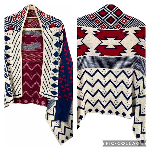 Cato Waterfall Open Front Cardigan LG Red White Blue Western Aztec Americana - Picture 1 of 8